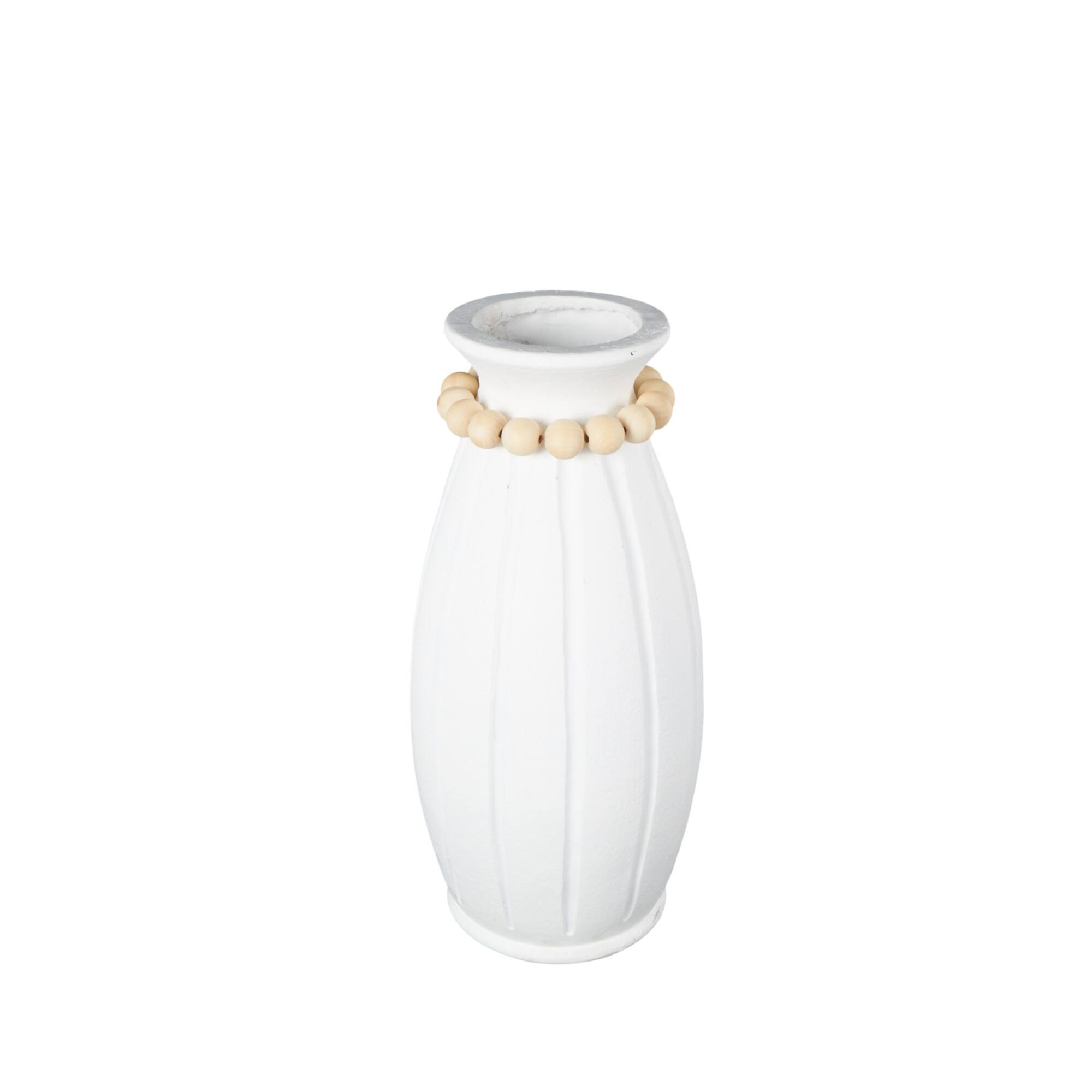 20" White Magnesium Oxide Decorative Vase with Light Brown Beads & Carved Grooves